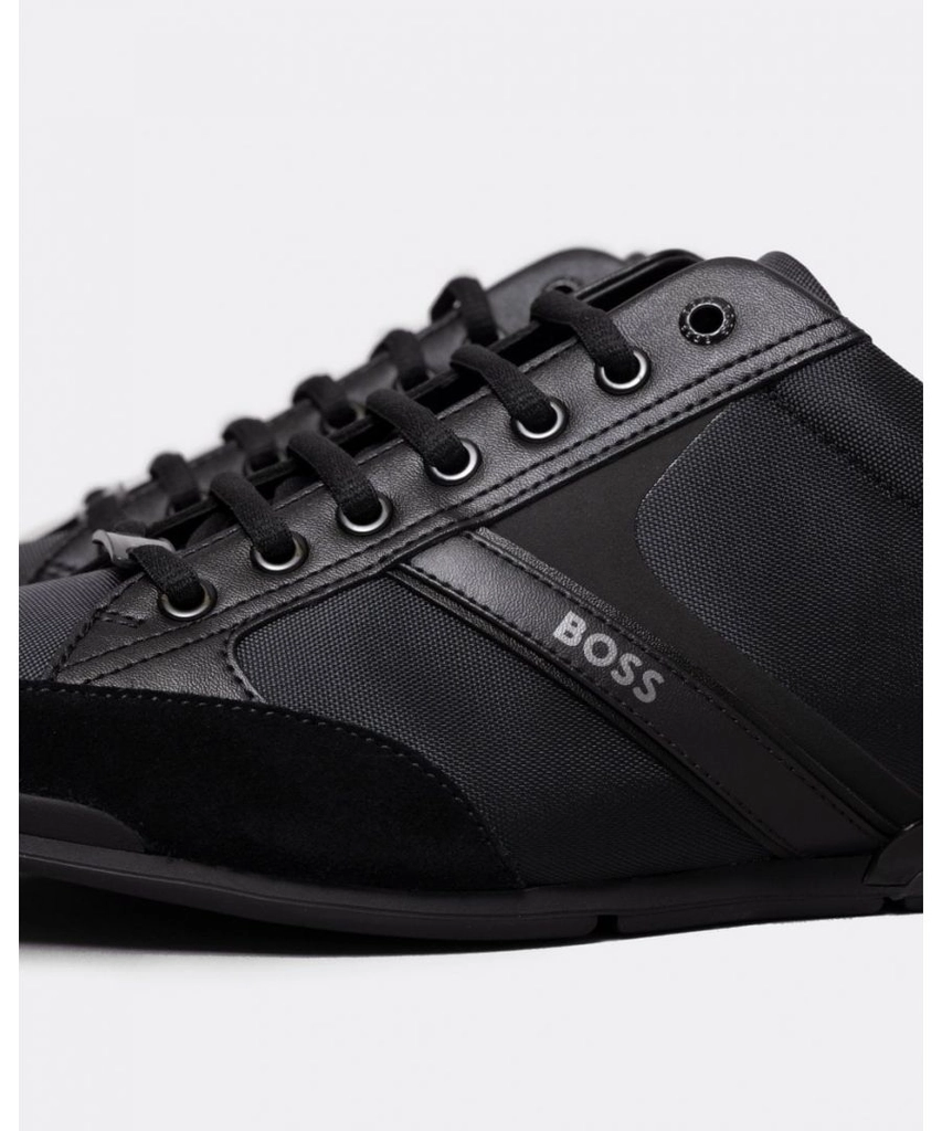 Hugo Boss Saturn Mens Low Profile Mixed Material Trainers With Suede and Faux Leather - Black Nappa Leather - Size UK 12